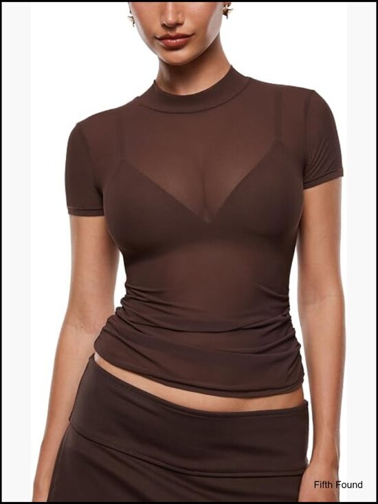 Tops - Sheer Mesh Mock Neck Ruched Fitted Sexy Tee Short Sleeve Summer Going Out Top